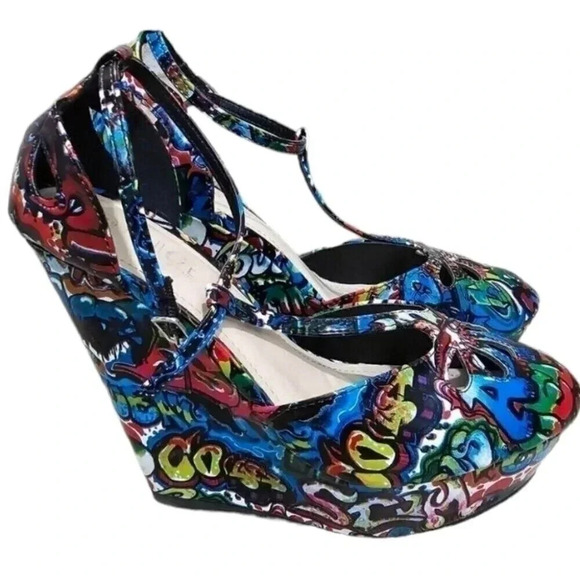 Rogue Helium Graffiti Wedge Heels Size 9 Y2K Punk Emo Street Art - Picture 5 of 6